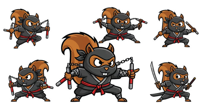 Cartoon ninja squirrel poses with nunchucks and sword vector illustration