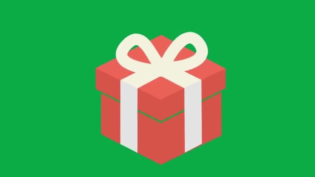 Red gift box animation with white ribbon bow popping up on green screen background