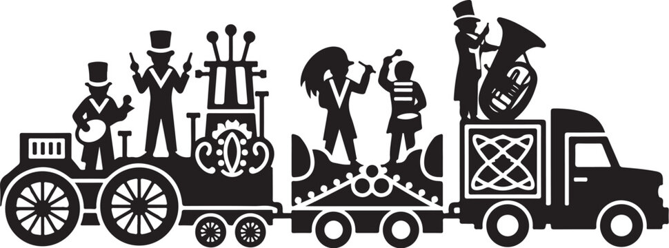 Steampunk train, Victorian carnival, industrial fantasy, black silhouette icons