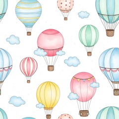 Obraz premium Seamless pattern of colorful hot air balloons and fluffy clouds on a white background, rendered in a charming watercolor illustration style.