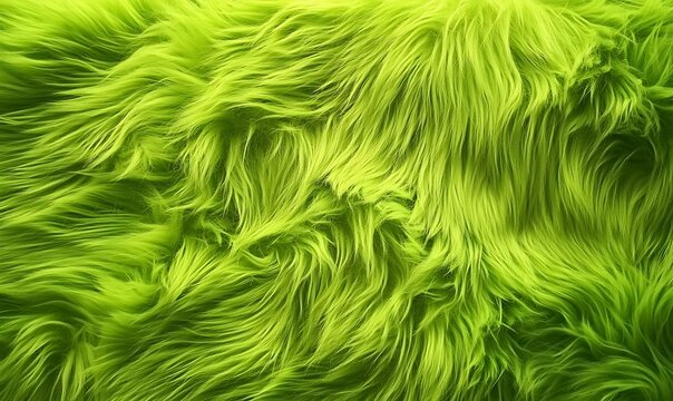 Bright lime green shaggy faux fur textile texture background, soft and fluffy material.