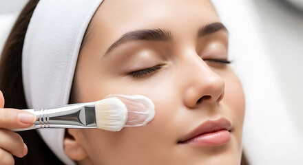 Woman applying facial cream with brush in skincare routine