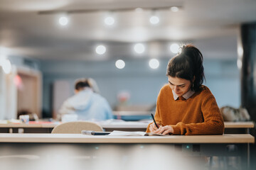 Young female student focused on writing notes at a library or study hall desk. She studies intently...