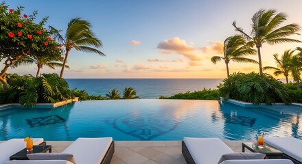 Fototapeta premium A luxurious infinity pool with lounge chairs overlooking a vibrant ocean sunset, framed by swaying palm trees and tropical foliage.