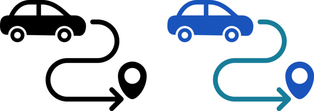 車で目的地へ向かうルートアイコン｜ドライブ・ナビゲーション・カーナビ（Car Route Icon Driving to Destination for Navigation）
