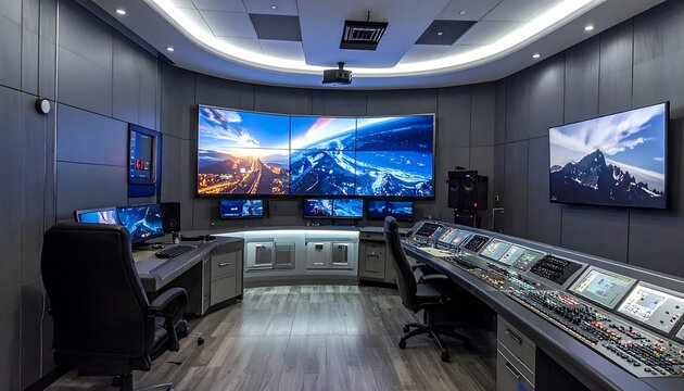 Modern, curved-wall control room with multiple screens displaying visuals, sophisticated equipment, and a spacious, organized layout