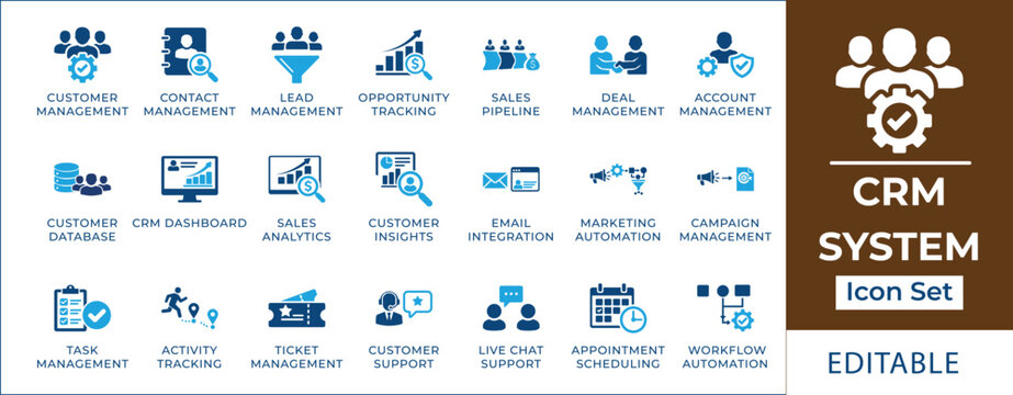 CRM system icon set featuring customer relationship management, sales funnel, lead generation, client support, business analytics, and marketing automation symbols.