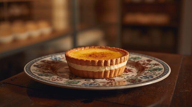 A delicate egg tart sits on a decorative ceramic plate, the flaky pastry crust is a warm golden brown, and the creamy egg custard is a vibrant yellow