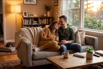 Obraz premium Couple relaxing on gray sofa holding mugs in cozy living room at sunset