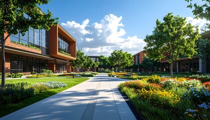 Fototapeta premium Modern architecture blends with nature in a vibrant landscape.