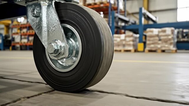 Close-up of a rubber wheel for industrial carts rolling on a smooth concrete floor in a warehouse setting