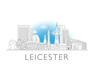 Fototapeta premium Leicester England skyline Urban cityscape with landmarks and monuments. Hand drawn line art digital skyline illustration.