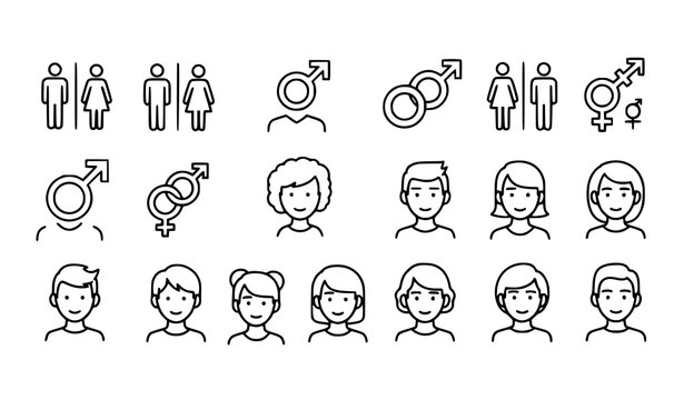 &ldquo;Linear gender icon set with restroom signs, identity symbols, and user avatars for inclusive modern UI design&rdquo;