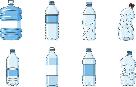 Plastic Water Bottle Icon Set Showing Full, Empty, and Crushed Containers for Recycling, Waste Management, and Environmental Sustainability Design