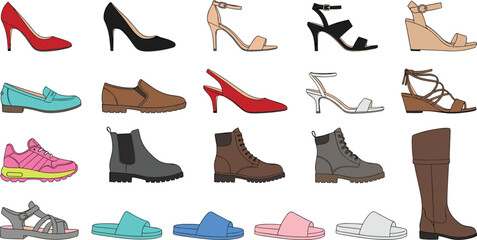 Obraz premium Women and Men Footwear Icon Set Featuring Heels, Sandals, Sneakers, Boots, Loafers, and Slippers for Fashion, Retail, and Shoe Collection Design