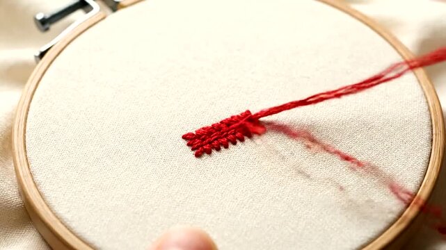 Close-up of hands embroidering a red pattern on fabric with a needle and thread.
