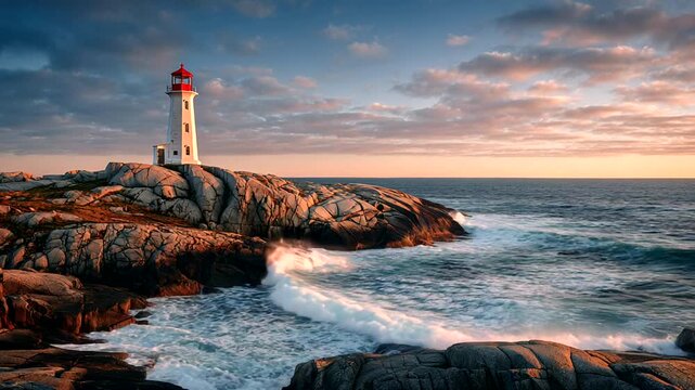 Scenic lighthouse at sunset with waves crashing nearby