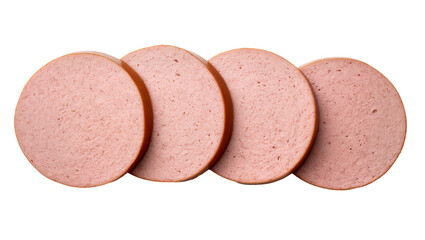 Four round slices of pink bologna sausage, isolated on transparent background © Nicolae