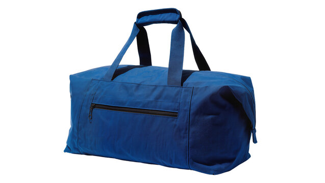 Blue canvas duffel bag with black zipper and handles, isolated on transparent background