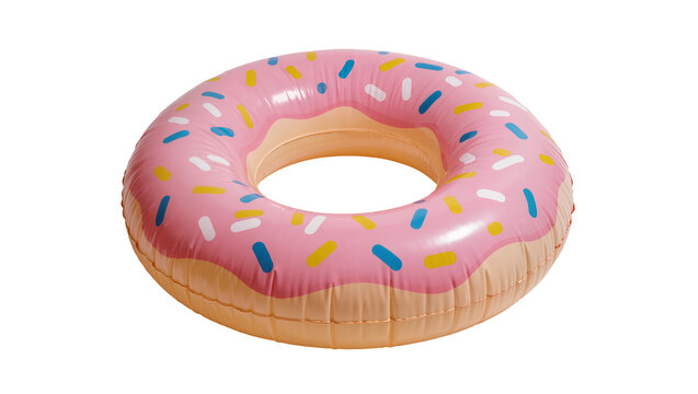 Pink inflatable donut pool float with colorful sprinkles, isolated on transparent background