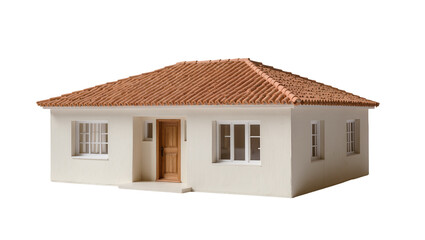 Small white house with terracotta roof tiles and wooden door, isolated on transparent background © Nicolae