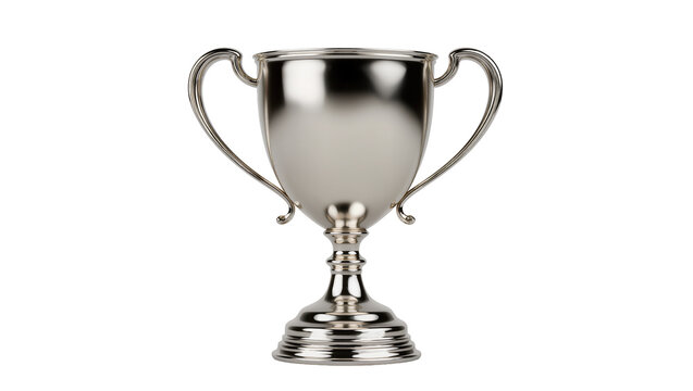 Shiny silver trophy cup with two handles, isolated on transparent background