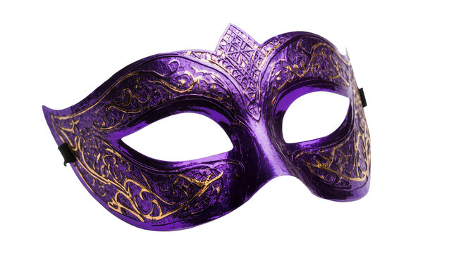 Ornate purple Venetian masquerade mask with gold filigree, isolated on transparent background