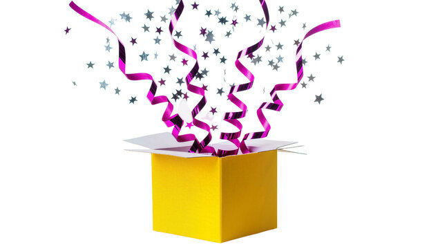Yellow gift box exploding with purple streamers and silver stars, isolated on transparent background