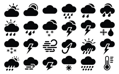 Obraz premium Weather icons set featuring clouds rain snow lightning and sunshine in bold black and white design
