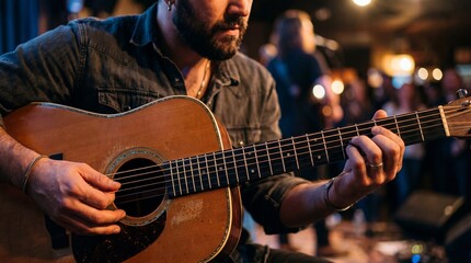 Obraz premium Close up of man playing acoustic guitar on stage in warm lighting