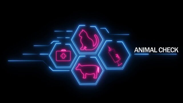 Neon illuminated of a cat cow medical kit and syringe within hexagonal frames connected by blue digital circuits with the text ANIMALCHECK