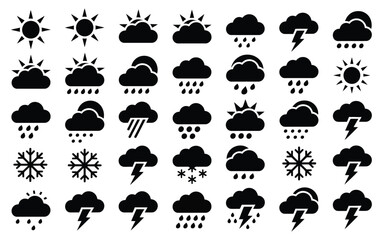 Fototapeta premium Collection of weather icons featuring sunny cloudy rainy stormy and snowy conditions in bold black and white design
