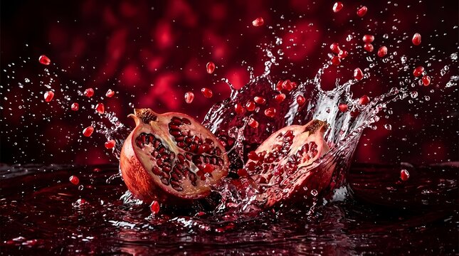 Fresh Halved Pomegranate Splashing into Liquid with Flying Seeds and Red Bokeh Background