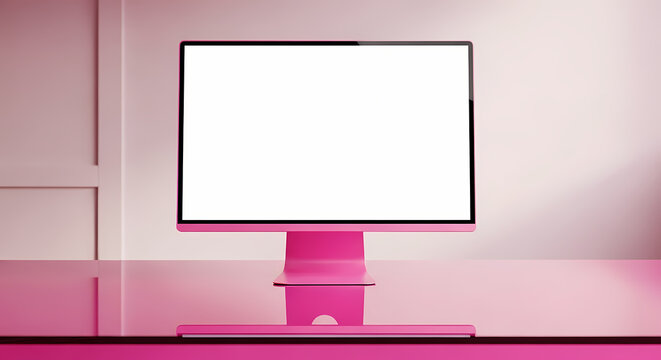 Modern pink desktop computer with blank screen in minimalist office