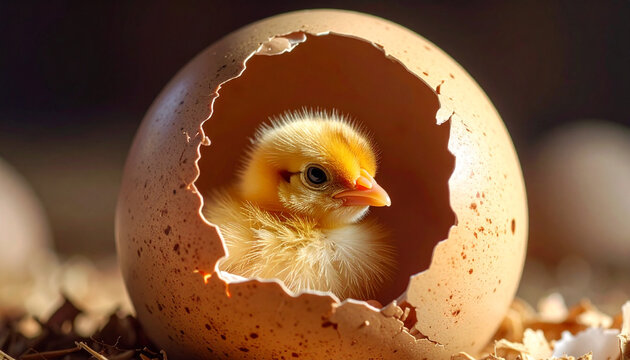 Close up of a newborn chick inside a broken eggshell with warm lighting