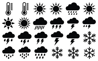 Obraz premium Black and white weather icons set featuring thermometers sun clouds rain snow and lightning bolts in minimalist vector style for design use
