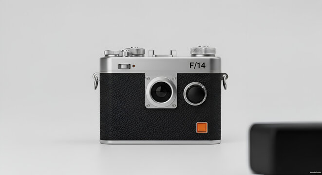 Retro compact camera with silver top and textured black body, f-14 lens, studio lighting, ideal for photography, vintage technology, and creative concepts