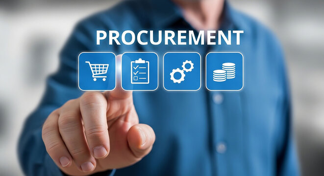 Procurement Process: A hand pointing at Procurement button, symbolizing the act of initiating and managing the process of obtaining goods or services