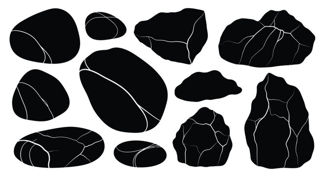 Collection of various black stones and pebbles in a striking silhouette