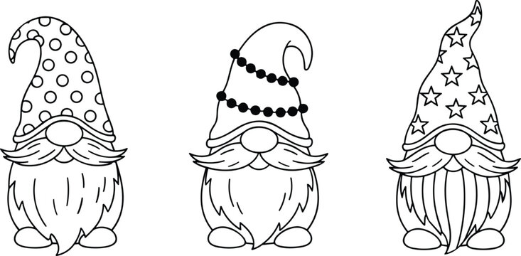 Cute Christmas gnome character set with black line art outlines and patterned hats for kids coloring book pages.