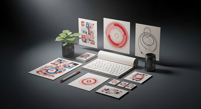 Collection of graphic design elements and charts on a dark background, featuring abstract patterns and circular diagrams, with a small potted plant and art supplies
