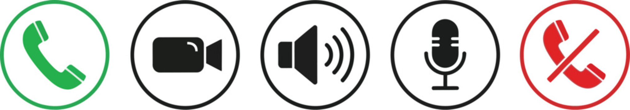 A modern vector graphic illustration presenting a set of five essential communication icons, including call, video, audio, microphone, and end call symbols for user interfaces.
