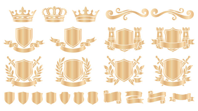 Medieval heraldic design set vector knight shield crown emblem.