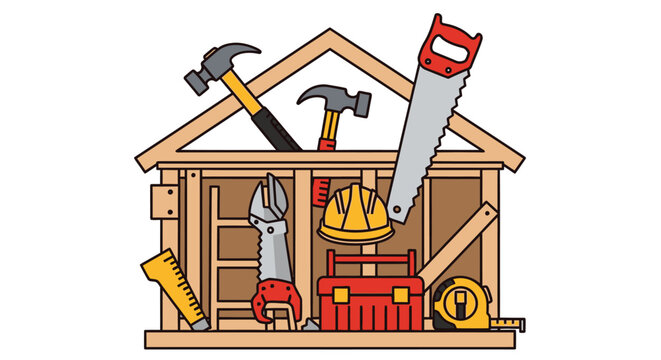 Cartoon illustration of construction tools arranged within a house frame