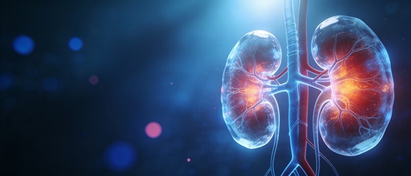 Glowing kidneys with ureters and blood vessels are shown in a medical illustration