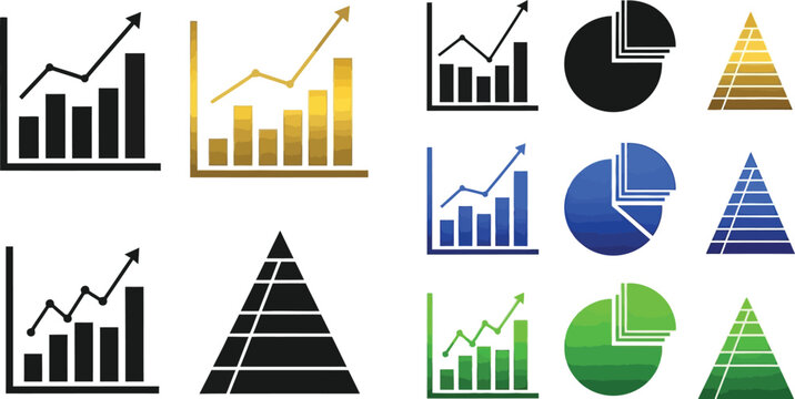 A vibrant collection of vector graphic business charts and graphs, including bar, line, pie, and pyramid illustrations, depicting data visualization and statistical analysis.