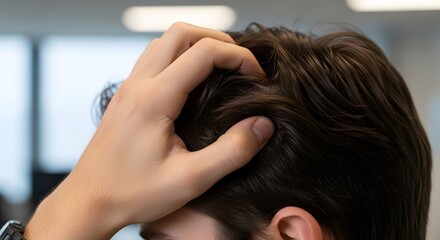 Naklejka premium Close Up Hand Touching And Scratching Hair Scalp