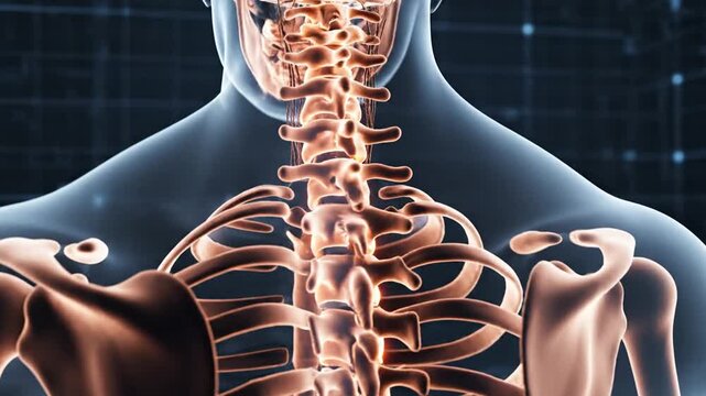 3D medical rendering of a transparent human male upper body from the back showing the skull, cervical spine, and rib cage with glowing orange illumination on a blue digital background.