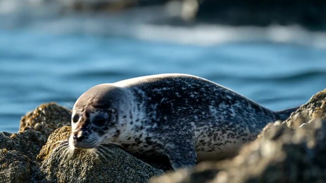 Seal resting on rocks by the ocean shore at sunset