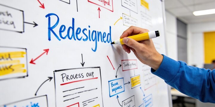 Business professional outlining a strategic redesign process on a whiteboard, demonstrating collaborative planning and innovative solution development